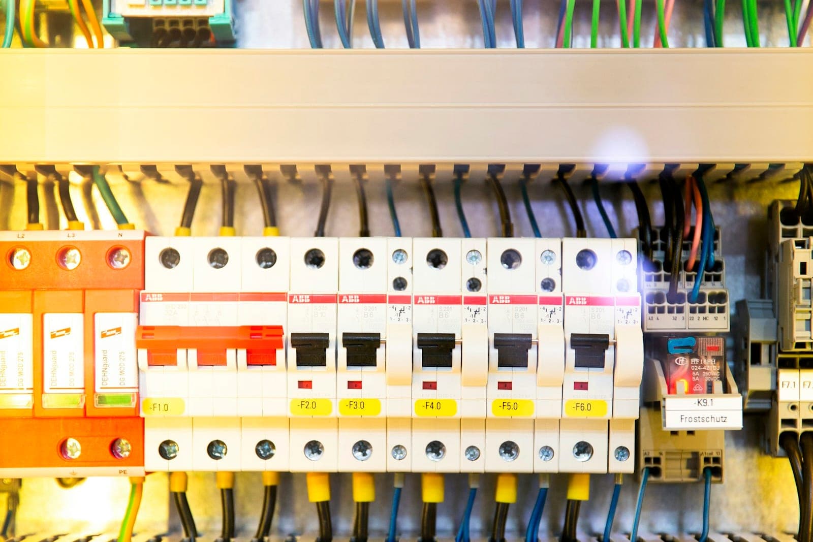 Distribution board with circuit breakers and wiring