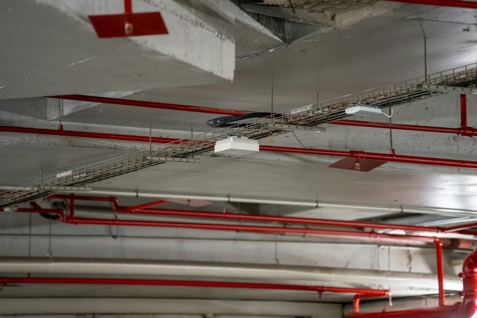 Sprinkler mains installed under a concrete soffit