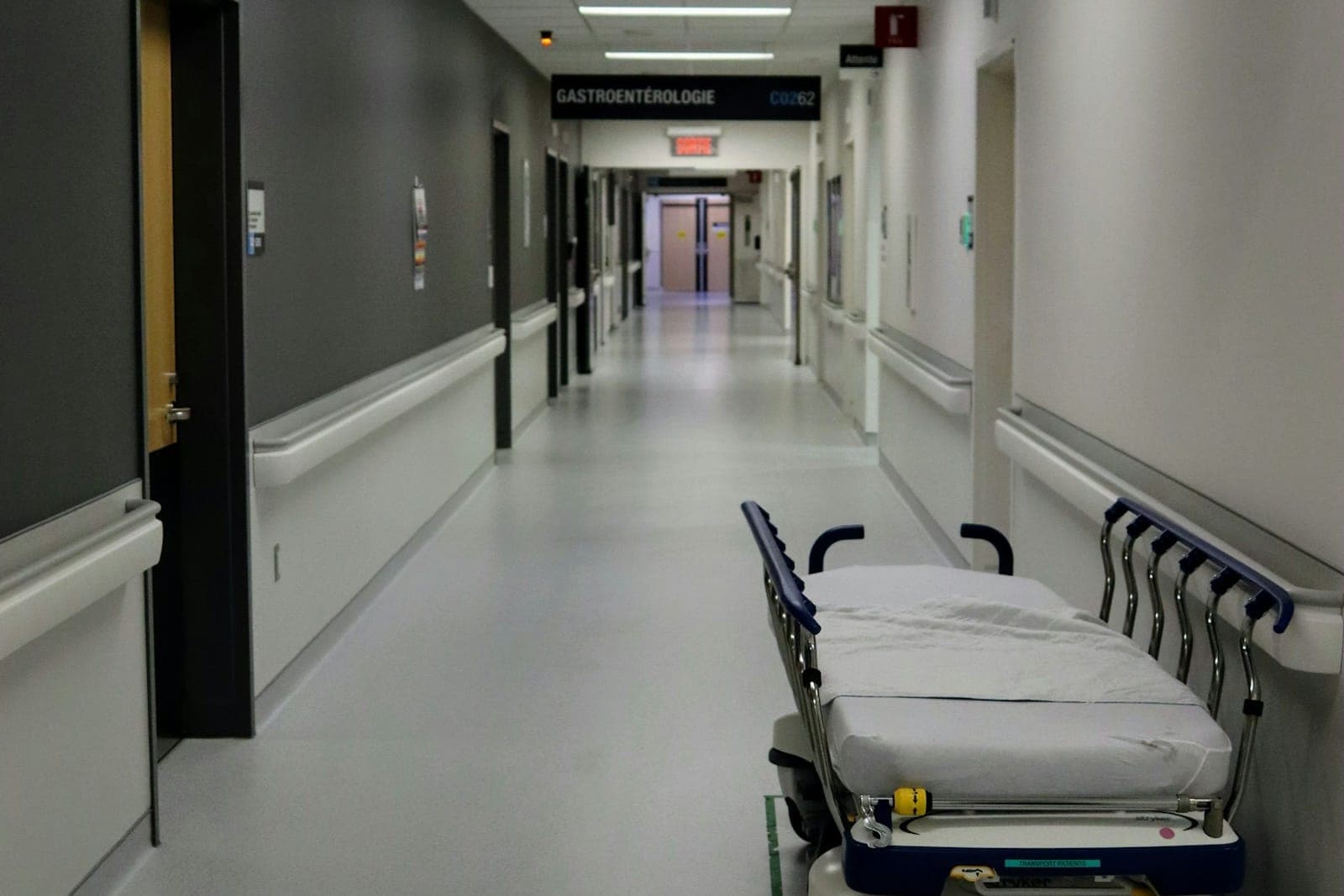 Hospital corridor with a patient trolley